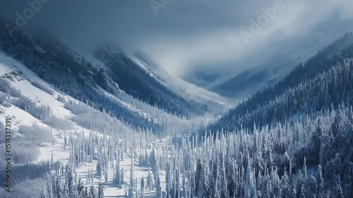 Wide shot , beautiful snowing forest and big mountains view , 4K video.