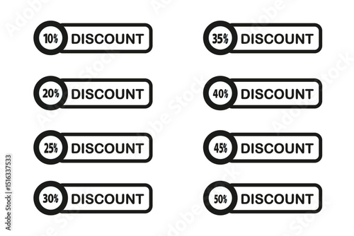 Set of Discount offer button icons, sale discount symbol, flash percentage discount vector button, Black and white button discount 