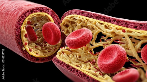 Detailed 3D illustration of a blood vessel cross-section featuring red blood cells and internal capillary-like structures within the vascular wall.
