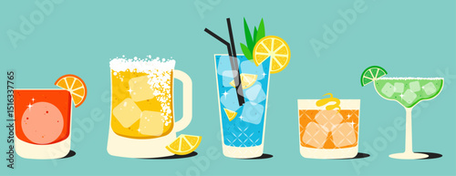 Collection of classical alcohol cocktails. Set of various summer fancy party drinks.