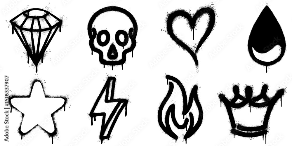 Fototapeta premium collection of black spray paint graffiti icons including lightning bolt, heart, crown, diamond, skull, star, drop, and flame.