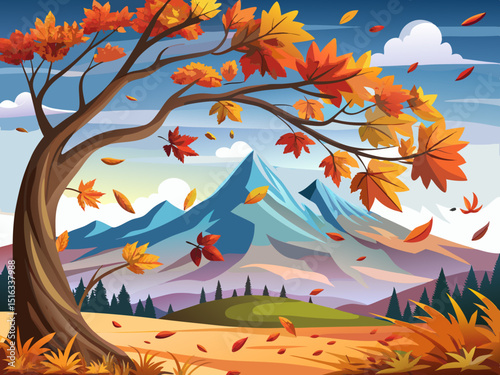 vector of Autumn leaves falling from a tree with a mountain view...