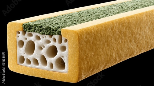 Detailed 3D illustration of a long bone cross-section showing compact bone, spongy bone structure, and green-colored bone marrow.
