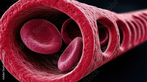 High-resolution 3D rendering of an artery interior showing red blood cells flowing through a textured blood vessel wall in detail.
