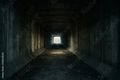 Dark tunnel with a small opening in the middle