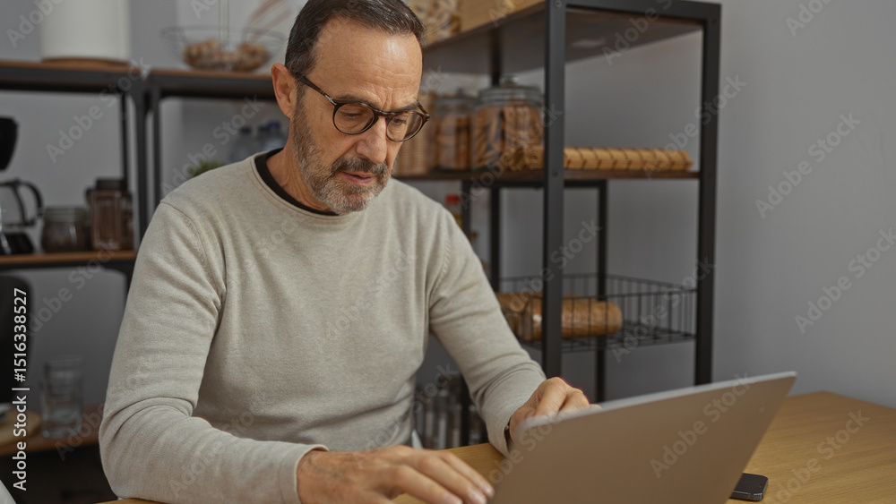 custom made wallpaper toronto digitalMature man working on a laptop in an office environment, focusing intently amidst organized shelves, suggesting a professional workspace with a modern interior design.