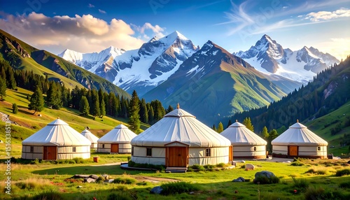 Yurts in Mountain Valley Sunset.