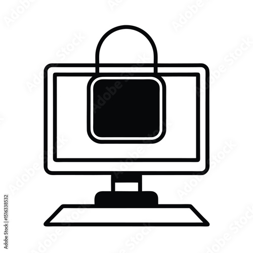 Secure computer screen illustrating cyber security and data protection concept in simple black and white design
