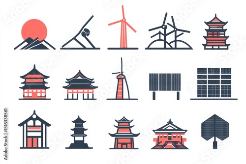 Unique blend of traditional and modern architecture with renewable energy symbols showcased