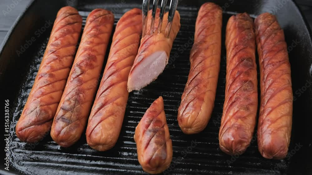 Eating Grilled sausages served in a rustic cast iron pan