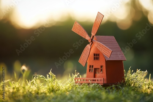 Miniature windmill stands on lush grass during golden hour against blurred background