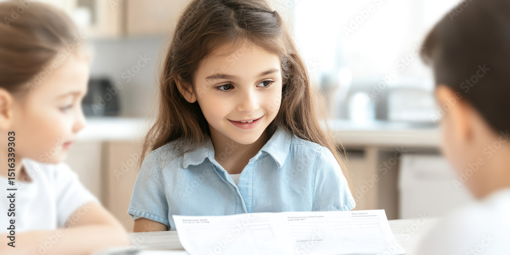 Obraz premium Three children are gathered around a table, looking at a paper together, while the girl in the center smiles. Education, teamwork, learning, childhood