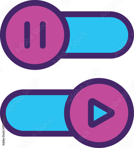 Neon pause and autoplay symbol. Neon autoplay off on icon on white background. Auto play on off icon. bright toggle on off sign. Neon Autoplay Button. Color Multimedia player.