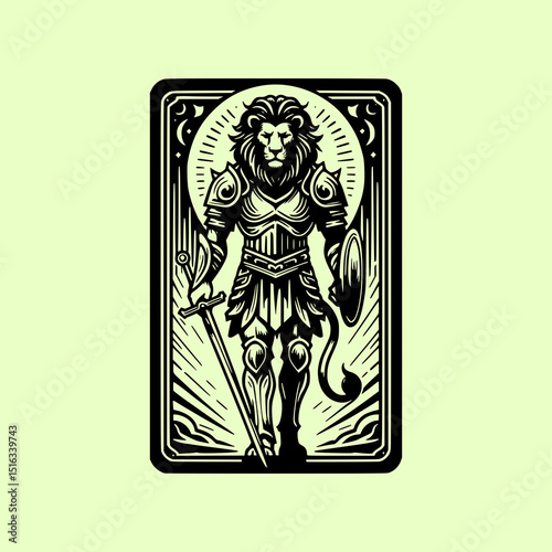 Leo Zodiac Lion Warrior Vector Illustration in Tarot Card Style with Sword Armor and Celestial Elements