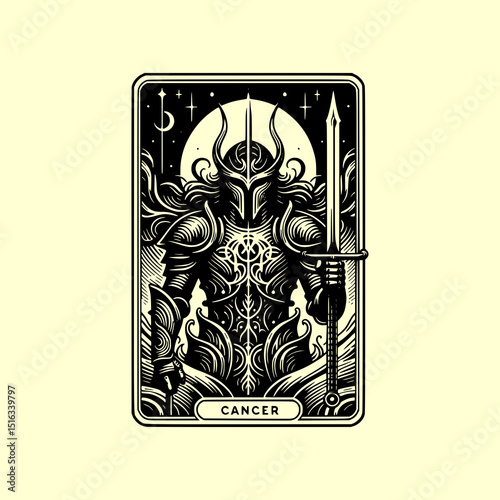 Cancer Zodiac Warrior Vector Illustration in Tarot Card Style with Bald Armored Hero Holding Spear and Cancer Ribbon Symbol