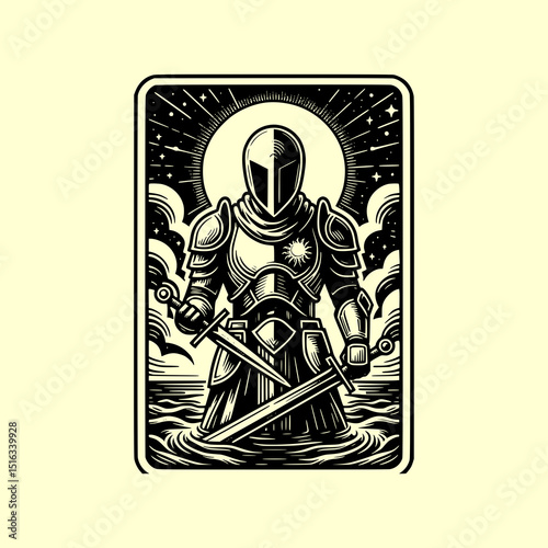 Cancer Zodiac Warrior Vector Illustration in Tarot Card Style with Bald Armored Hero Holding Spear and Cancer Ribbon Symbol