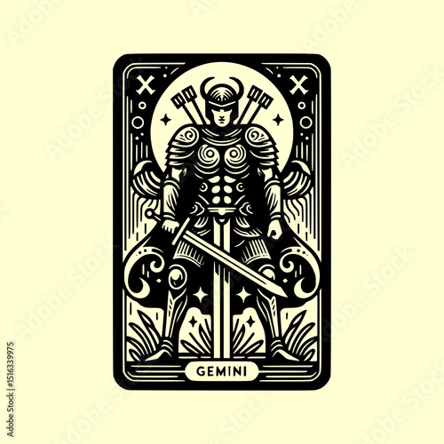 Gemini Zodiac Twin Warriors Vector Illustration in Black and White Tarot Card Style with Duality Theme and Celestial Background