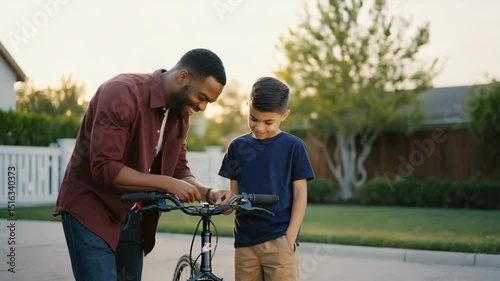 Father helping son with bicycle repair in suburban neighborhood  