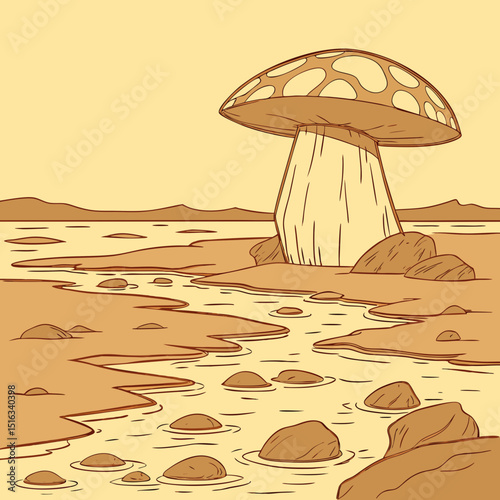 Vector illustration of edible forest mushrooms in autumn, surrounded by green grass and brown leaves