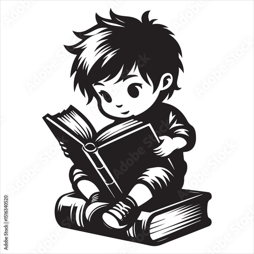 Minimalist Silhouette of Child Sitting on Book , black color  vector 