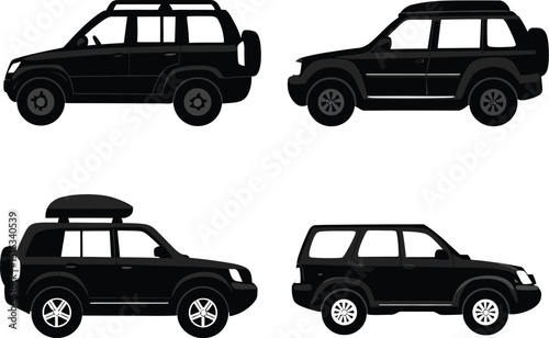 Four black suv vehicles in different styles and configurations on a white isolated background view