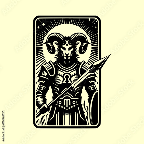 Aries Zodiac Ram Head Vector Illustration in Black and White Tarot Card Style with Fire Element Symbolism