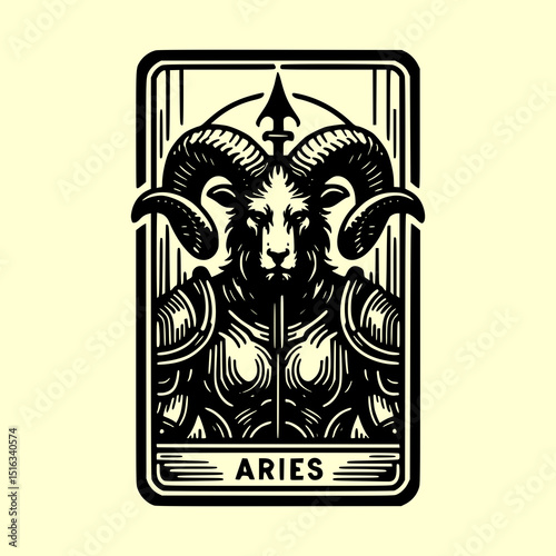 Aries Zodiac Ram Head Vector Illustration in Black and White Tarot Card Style with Fire Element Symbolism