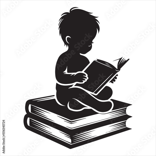 Minimalist Silhouette of Child Sitting on Book , black color  vector 