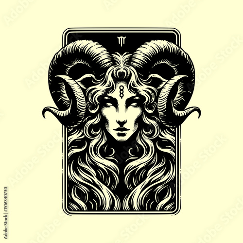 Aries Zodiac Ram Head Vector Illustration in Black and White Tarot Card Style with Fire Element Symbolism