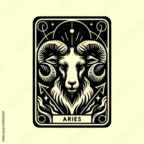 Aries Zodiac Ram Head Vector Illustration in Black and White Tarot Card Style with Fire Element Symbolism