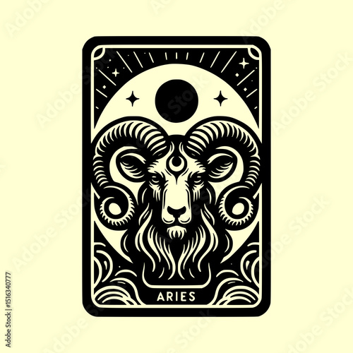 Aries Zodiac Ram Head Vector Illustration in Black and White Tarot Card Style with Fire Element Symbolism