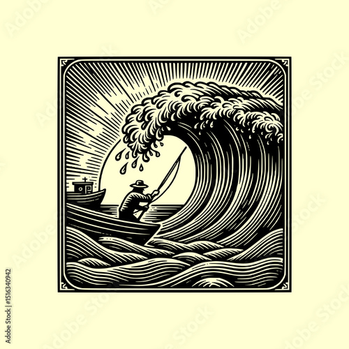 Ocean Wave Vector Illustration in Black and White Woodcut Engraving Style with Dynamic Water Motion and Vintage Design