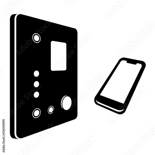 Smart Home Control Panel and Smartphone Silhouettes, Tech Integration Concept