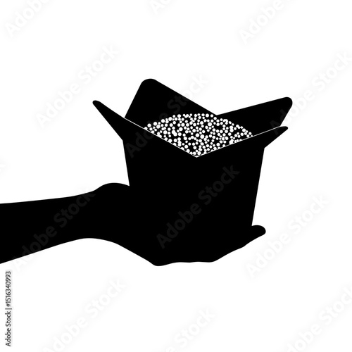 Silhouette of hand holding quinoa salad box, superfood takeaway concept