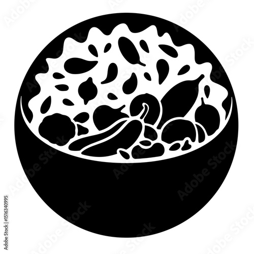 Silhouette of Vegetable Curry in Container, Black and White Illustration, Vegan Cuisine
