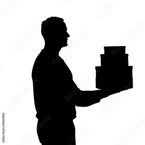 Silhouette of man holding tiered boxes, reward program concept on white background