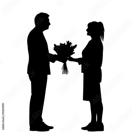 Silhouette of employee handing flowers to client, loyalty and appreciation gesture