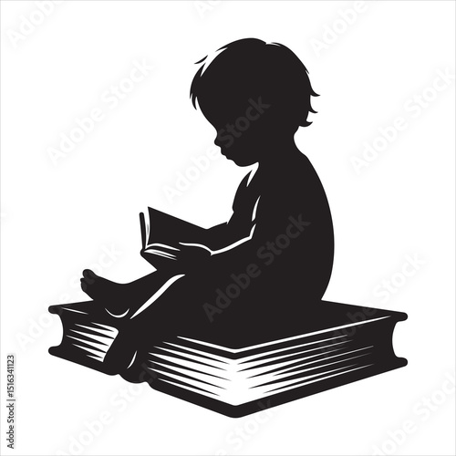 Minimalist Silhouette of Child Sitting on Book , black color  vector 