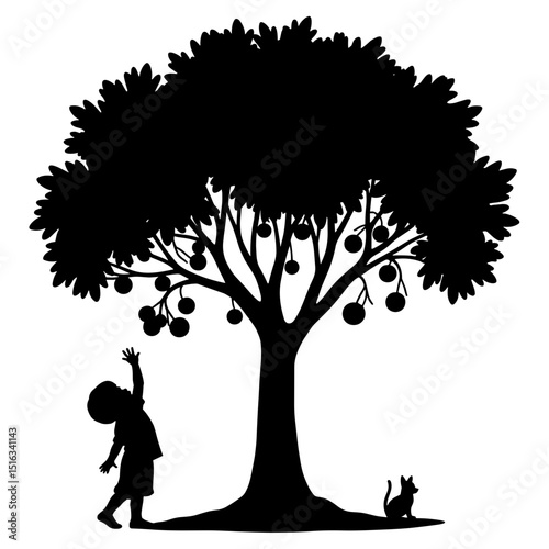 Silhouette of Child Reaching for Tree Fruit with Cat, Symbolic Nature Curiosity