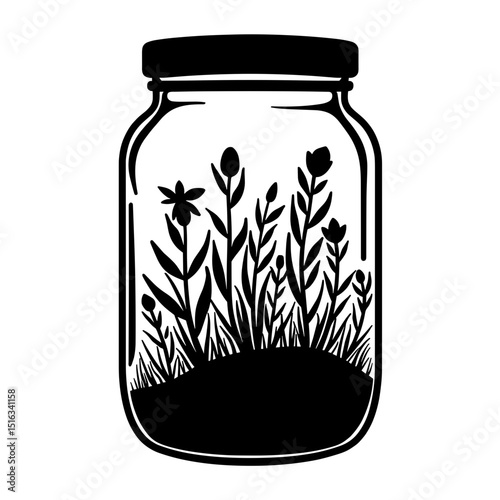 Silhouette of herbs in glass jar, botanical storage and healing simplicity