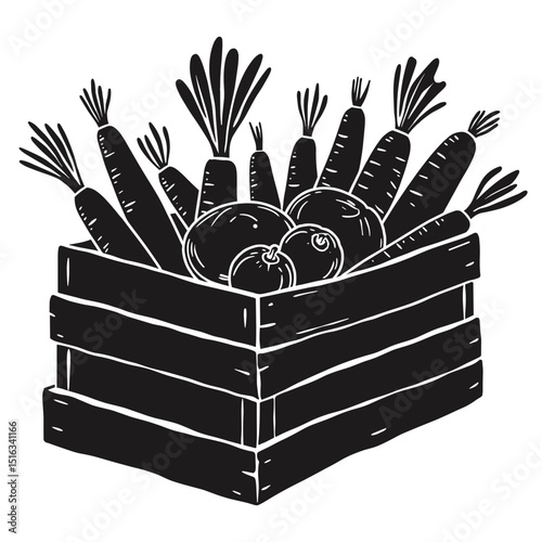 Silhouette of wooden crate with root vegetables, harvest storage symbol