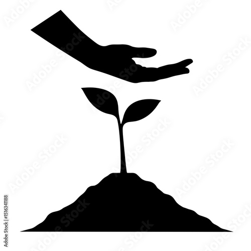 Silhouette of sprouting seedling and hand, growth and sustainability concept, copyspace