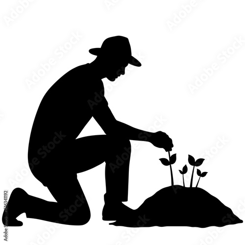 Silhouette of farmer kneeling with crop sprouts on white background, organic farming