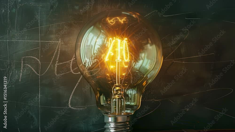 Glowing light bulb in front of a chalkboard with idea scribbled on it, symbolizing innovation and creativity.