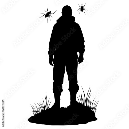 Silhouette forest explorer with mosquito sleeves, nature shield bug defense, outdoors