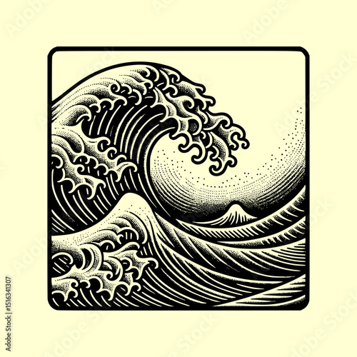 Ocean Wave Vector Illustration in Black and White Woodcut Engraving Style with Dynamic Water Motion and Vintage Design