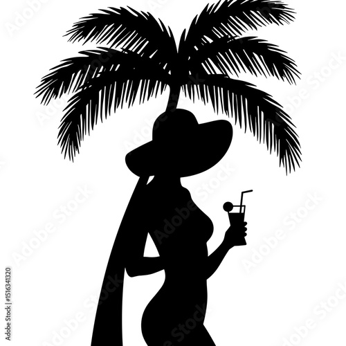 Silhouette of Woman with Sunhat Holding Cocktail Under Palm Tree, Tropical Leisure