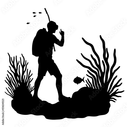 Silhouette of Snorkeler Exploring Coral Reef with Fish, Underwater Adventure