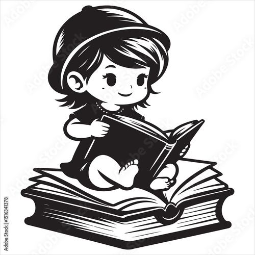 Minimalist Silhouette of Child Sitting on Book , black color  vector 