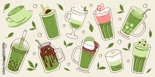 Set illustrations matcha drinks. Cold and hot beverages. Coffee, green tea, smoothie, cocktail in flat style